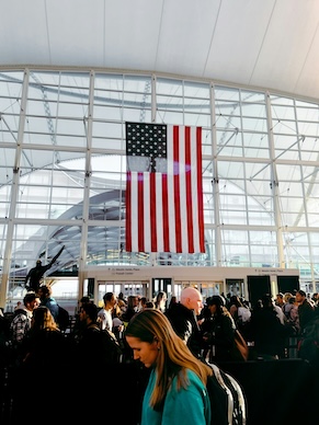 A photo of the flag of the United States of America hanging within Denver Airport, Colorado.